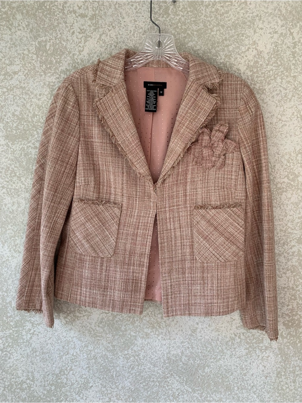 BCBGMaxAzria Rosewood Pink Silk Tweed Fringed Blazer Medium Y2K Old Money Retro